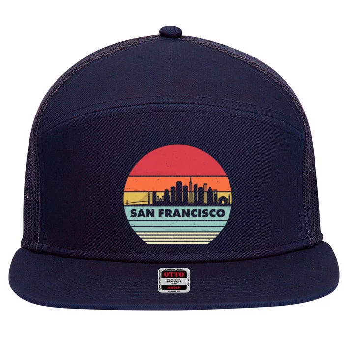 Retro Vintage San Francisco Skyline Emblem 7 Panel Mesh Trucker Snapback Hat