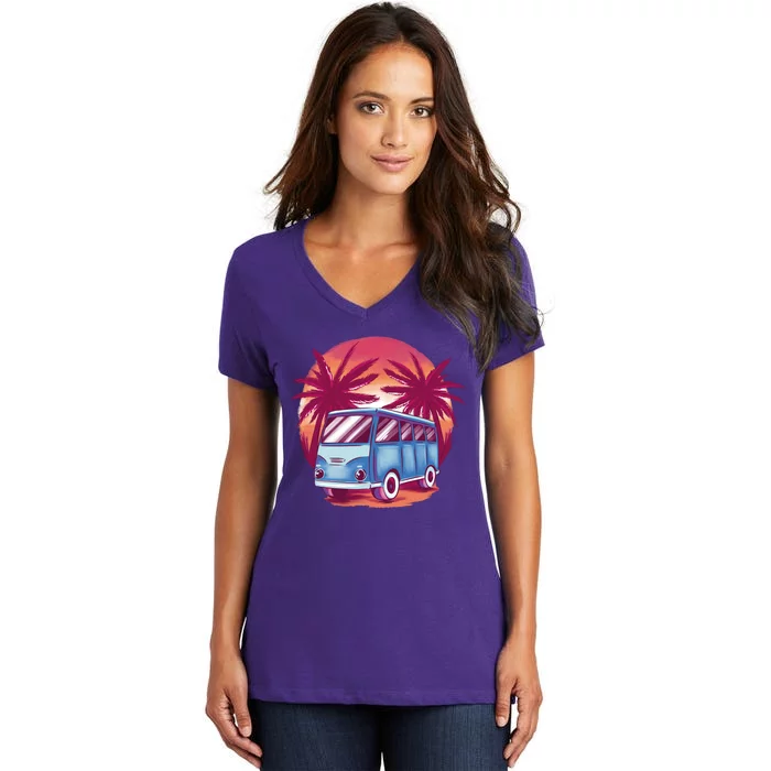 Retro Van Sunset Beach Women's V-Neck T-Shirt