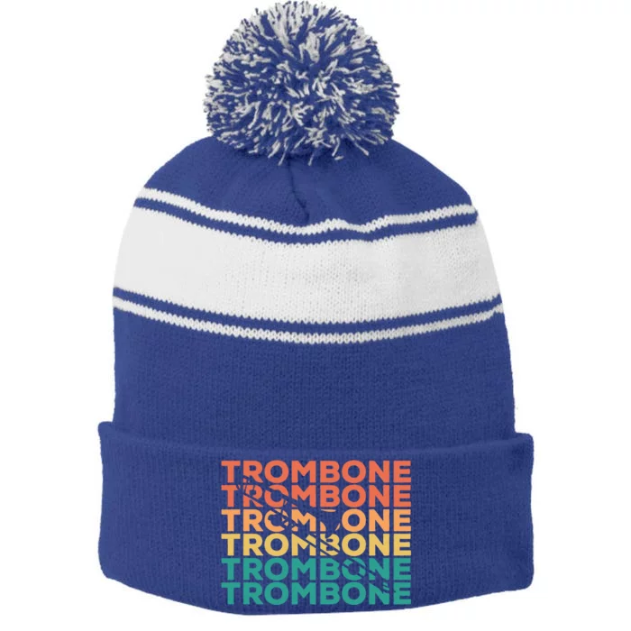 Retro Vintage Trombone Gift For Trombone Players Great Gift Stripe Pom Pom Beanie