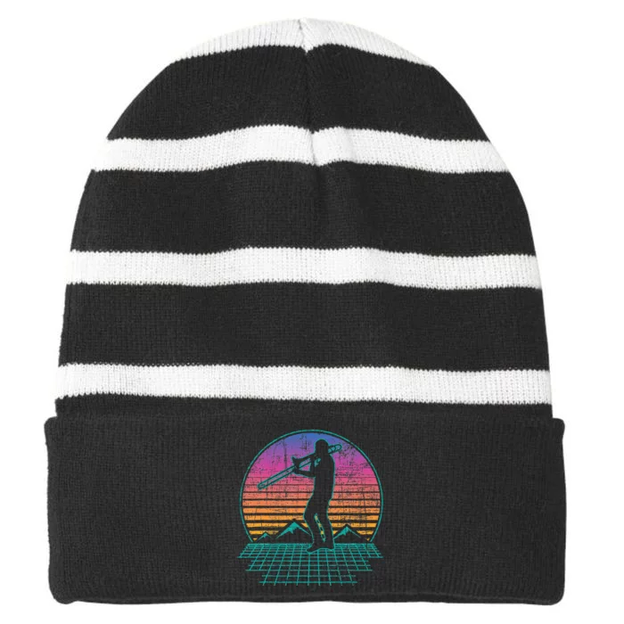 Retro Vintage Trombone Player Trombonist Jazz Music Lover Striped Beanie with Solid Band