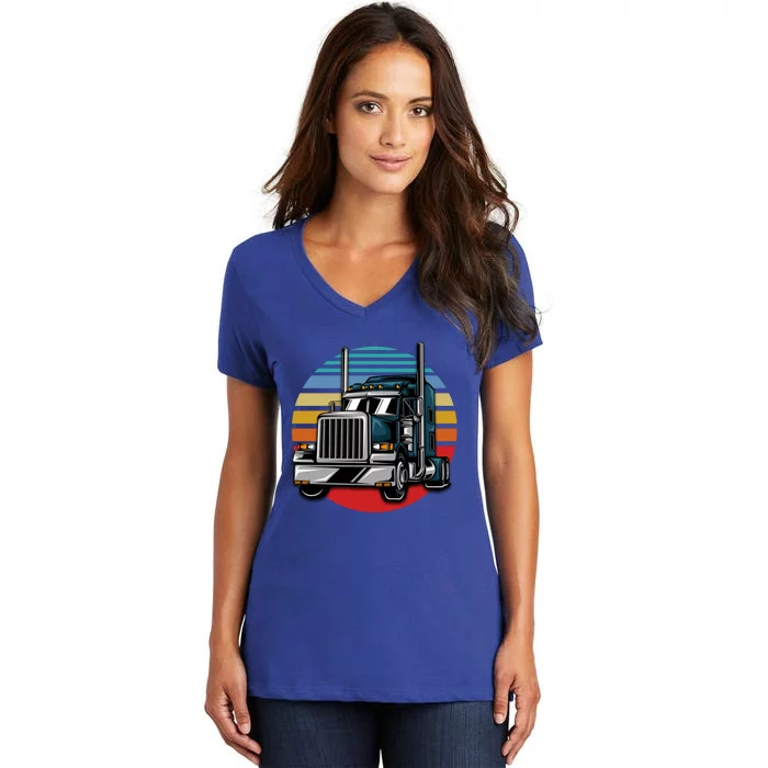 Retro Vintage Trucker Big Rig Semigifttrailer Truck Driver Gift Great Gift Women's V-Neck T-Shirt