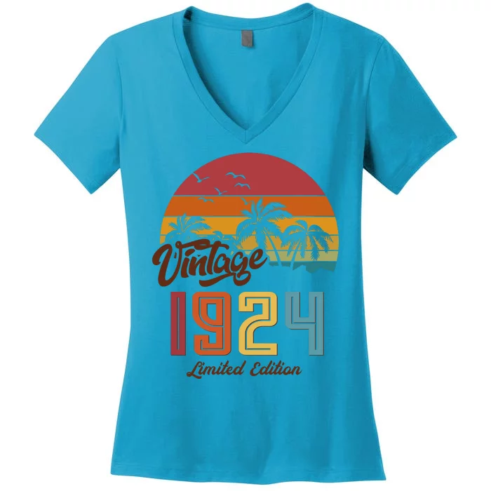 Retro Vintage Tropical Palm Trees Limited Edition 1924 100th Birthday Women's V-Neck T-Shirt