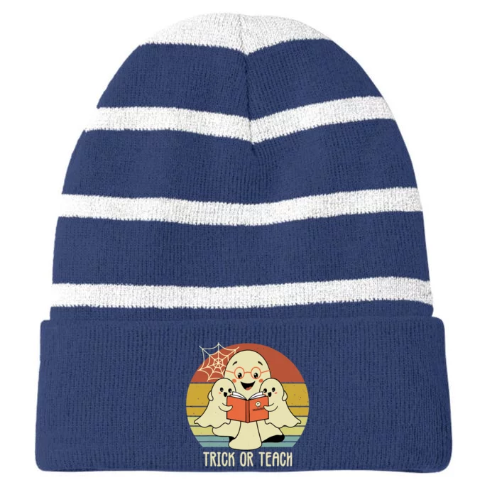 Retro Vintage Trick Or Teach Halloween Teacher Ghost Books Striped Beanie with Solid Band