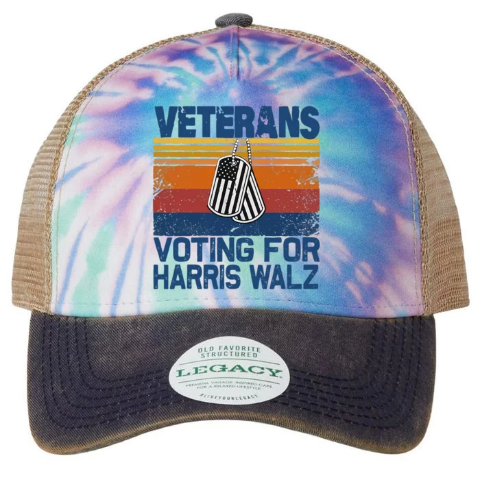 Retro Vintage Veterans Voting For Harris Walz Waltz 2024 Legacy Tie Dye Trucker Hat