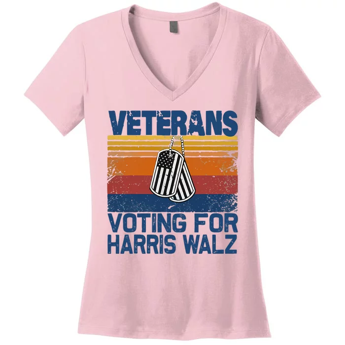 Retro Vintage Veterans Voting For Harris Walz Waltz 2024 Women's V-Neck T-Shirt