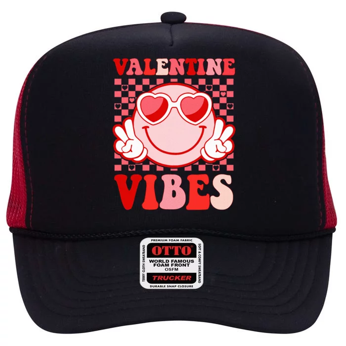 Retro Valentine Vibes Hippie Heart Valentines Day High Crown Mesh Trucker Hat