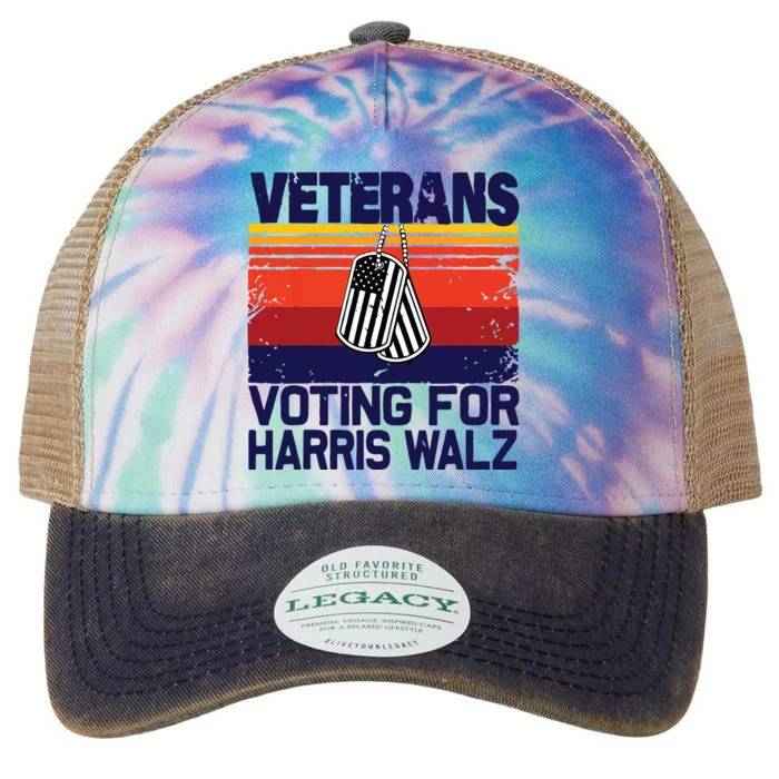 Retro Vintage Veterans Voting For Harris Walz Waltz 2024 Legacy Tie Dye Trucker Hat