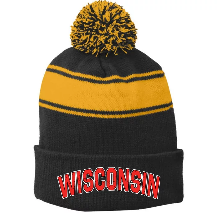 Retro Vintage Wisconsin State Wisconsin Varsity Stripe Pom Pom Beanie