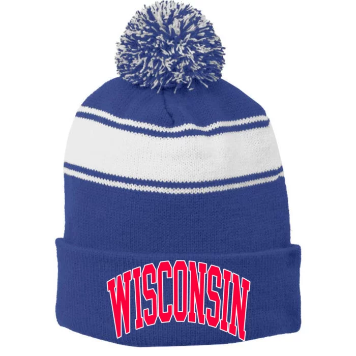 Retro Vintage Wisconsin State Distressed Souvenir Stripe Pom Pom Beanie