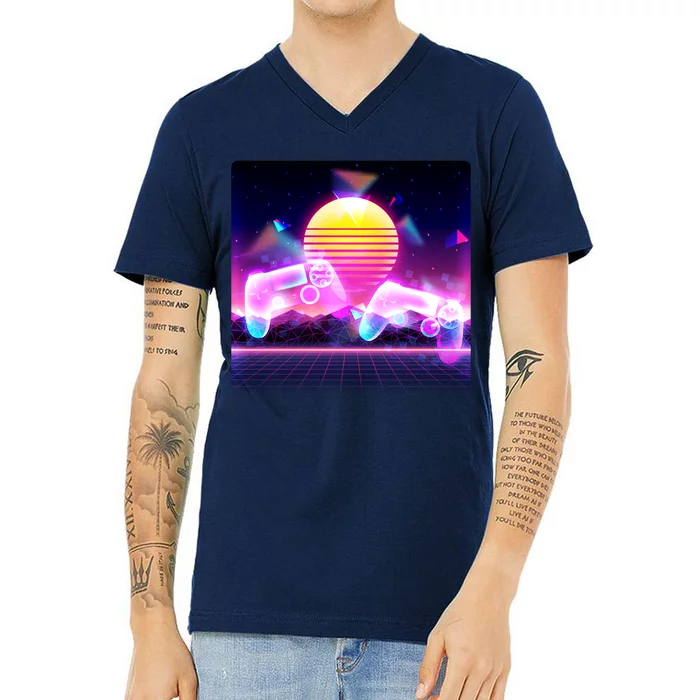 Retro Wave 80's Video Game Controllers V-Neck T-Shirt