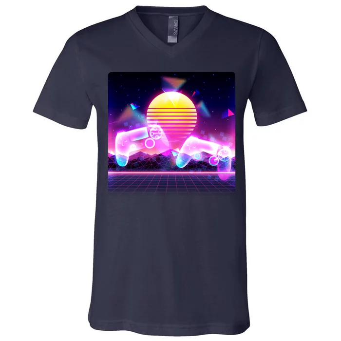 Retro Wave 80's Video Game Controllers V-Neck T-Shirt