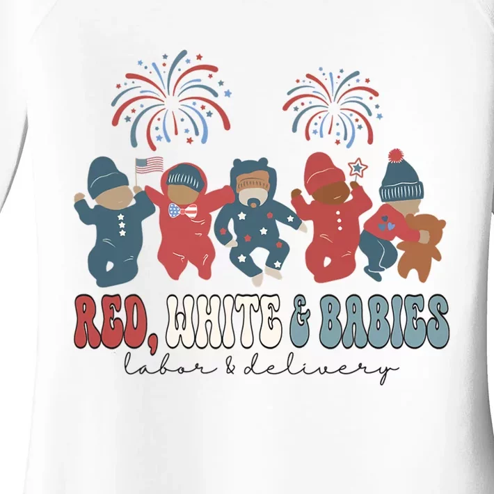 Red White and Babies Labor and Delivery Nurse 4th of July Women's Perfect Tri Tunic Long Sleeve Shirt