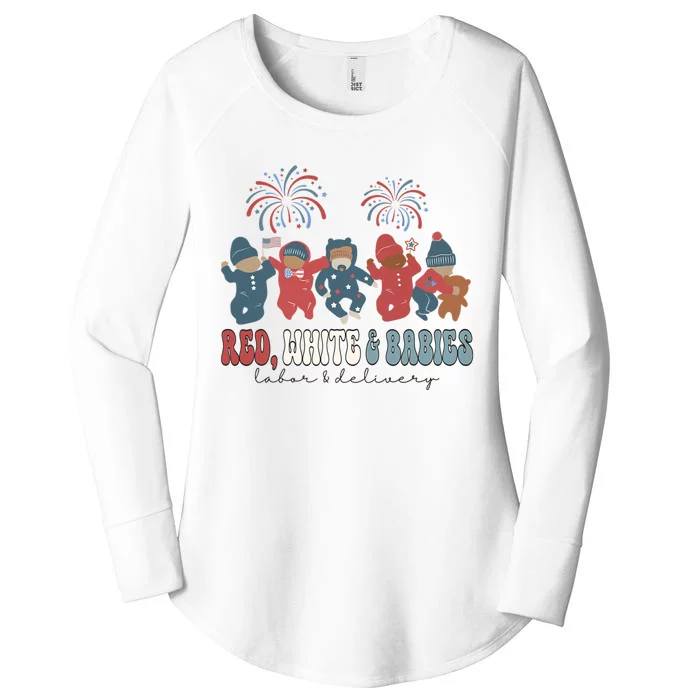 Red White and Babies Labor and Delivery Nurse 4th of July Women's Perfect Tri Tunic Long Sleeve Shirt