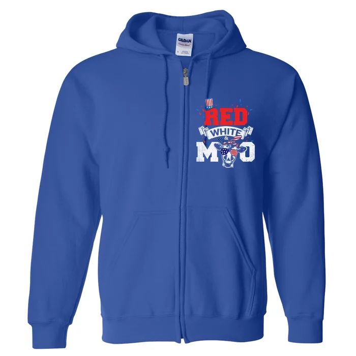 Red White And Moo American Patriot Cow Lover Gift Full Zip Hoodie