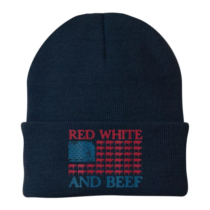 Red White And Beef 4th Of July Cattle American Flag Cow Knit Cap Winter Beanie