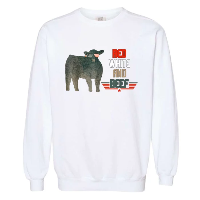 Red White And Beef Vintage Usa Flag 4th Of July Funny Cow Garment-Dyed Sweatshirt