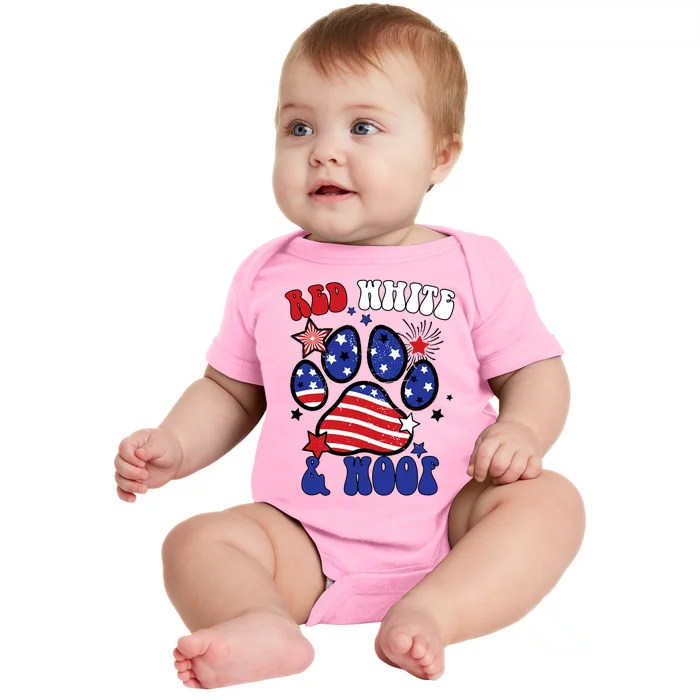 Red White And Woof US Flag Dog Cat Mom Paw Groovy Baby Bodysuit