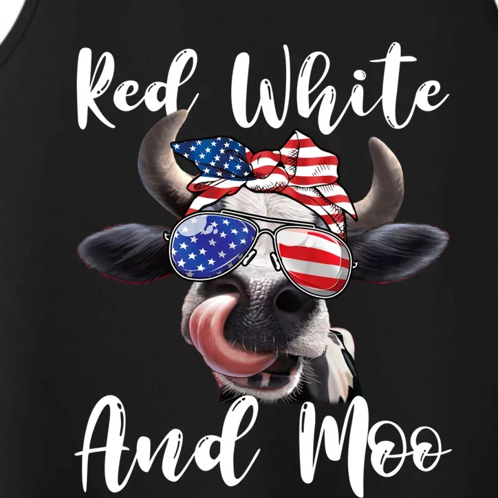 Red White And Moo Cow Messy Bun Usa Flag 4th Of July Gift Performance Tank