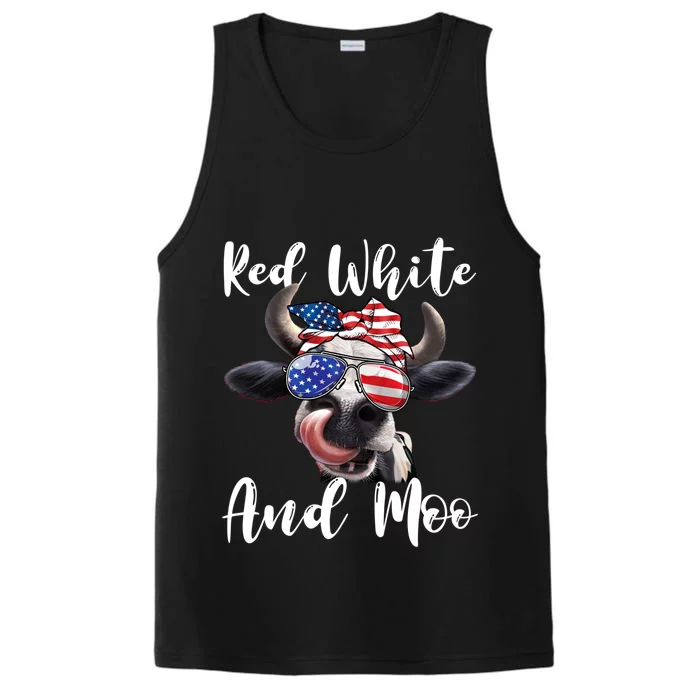 Red White And Moo Cow Messy Bun Usa Flag 4th Of July Gift Performance Tank