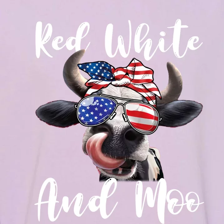 Red White And Moo Cow Messy Bun Usa Flag 4th Of July Gift Garment-Dyed Sweatshirt