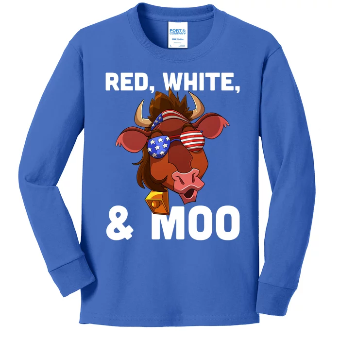 Red White And Moo American Patriotic Usa Flag Cow Funny Gift Kids Long Sleeve Shirt