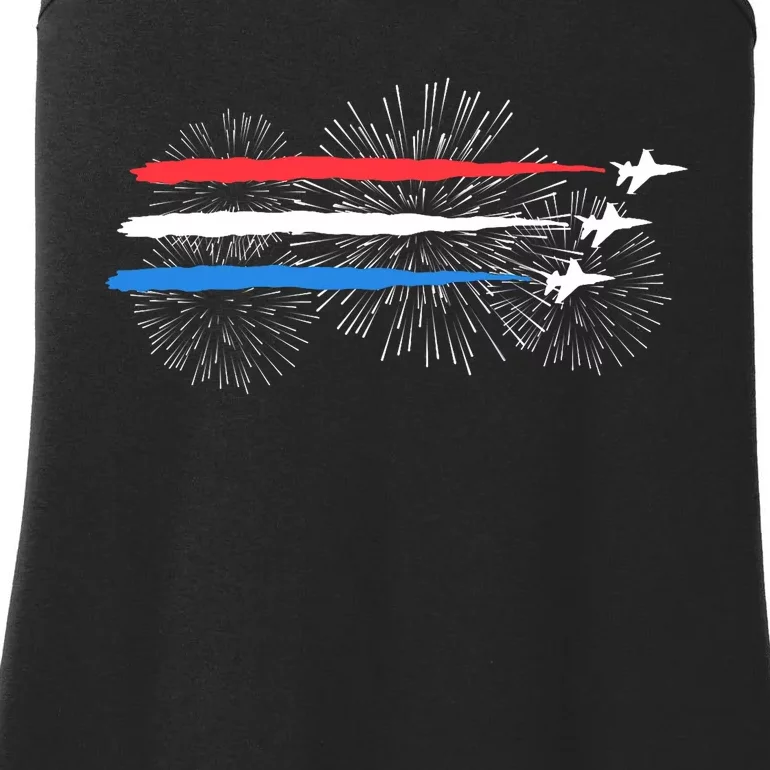 Red White And Blue Fighter Jets With Fireworks 4th Of July Ladies Essential Tank