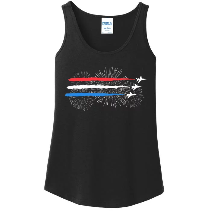 Red White And Blue Fighter Jets With Fireworks 4th Of July Ladies Essential Tank