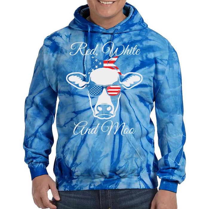 Red White And Moo Patriotic Cow Usa Flag Funny 4th Of July Gift Tie Dye Hoodie