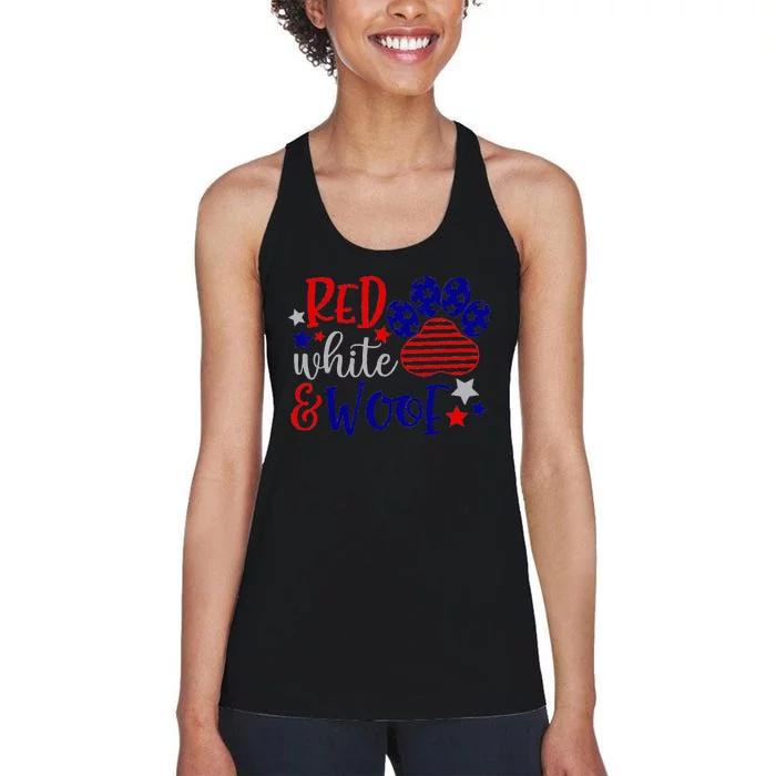 Red White And Woof Patriotic Dog Lover USA Flag 4th Of July Women's Racerback Tank