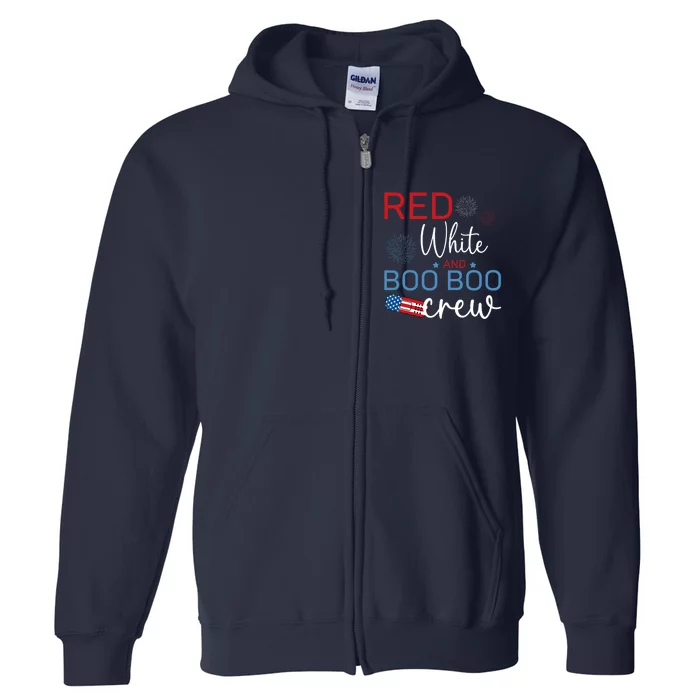 Red White And Boo Boo Crew 4th Of July Nurse Nursing Full Zip Hoodie