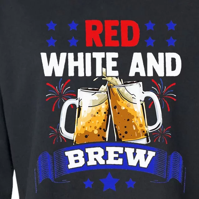 Red White And Brew 4th of July Fireworks American Flag Beer Cropped Pullover Crew