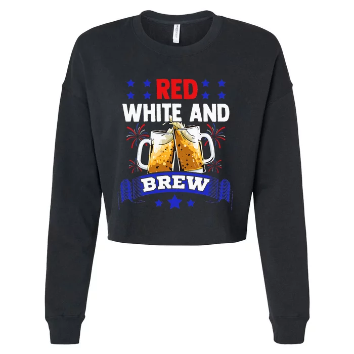 Red White And Brew 4th of July Fireworks American Flag Beer Cropped Pullover Crew