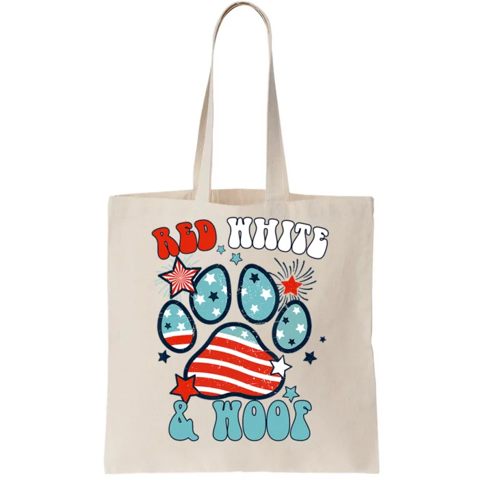 Red White And Woof US Flag Dog Cat Mom Paw Groovy Tote Bag