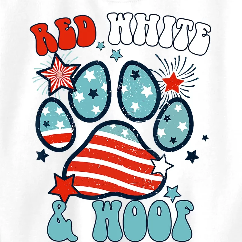 Red White And Woof US Flag Dog Cat Mom Paw Groovy Kids Sweatshirt