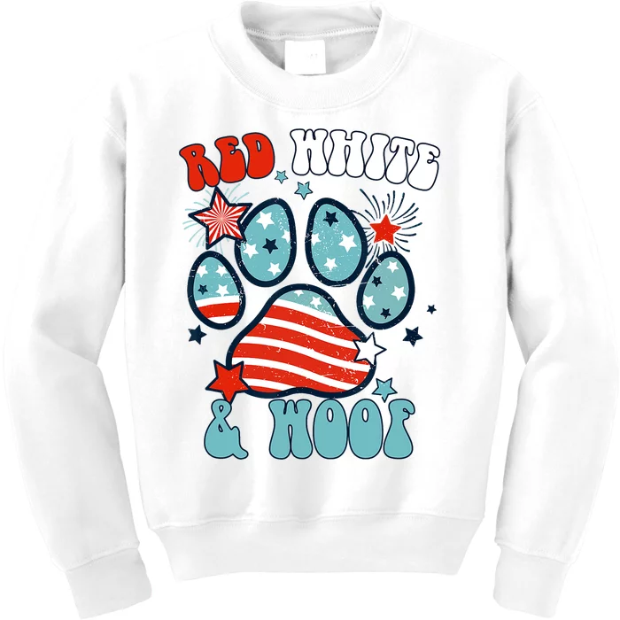 Red White And Woof US Flag Dog Cat Mom Paw Groovy Kids Sweatshirt