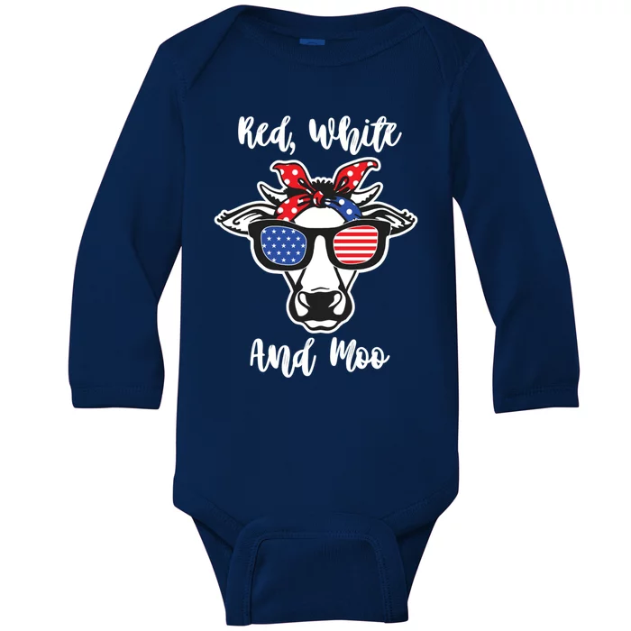 Red White And Moo Cow Bandana American Flag Sunglasses July 4 Meaningful Gift Baby Long Sleeve Bodysuit