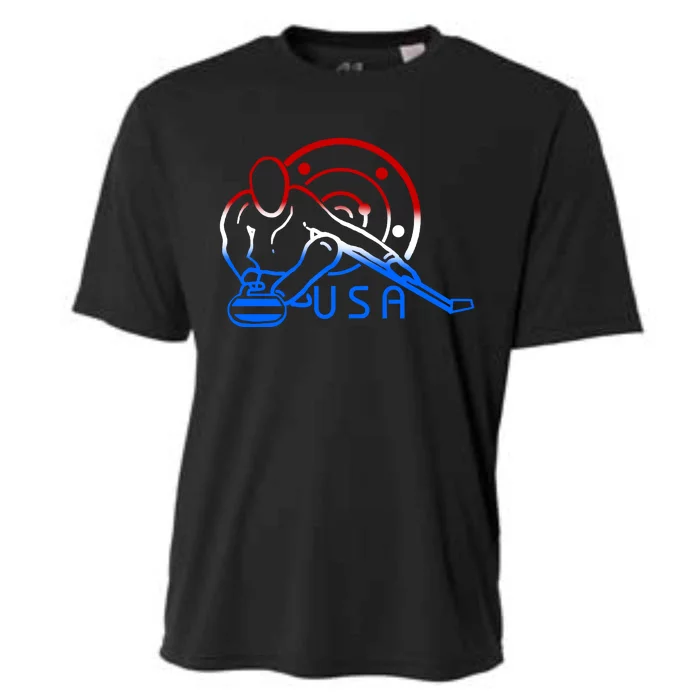 Red White And Blue Curling Flag Curling Stone Usa Art Gift Cooling Performance Crew T-Shirt