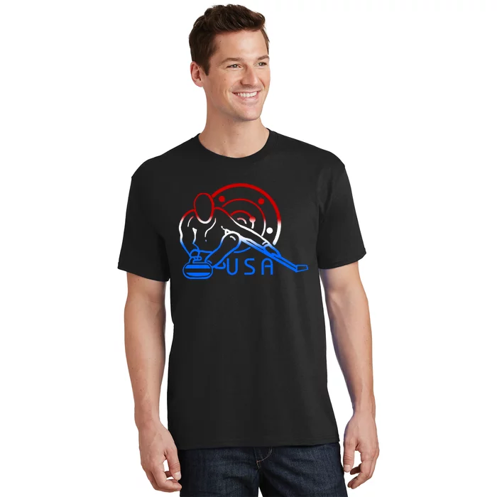 Red White And Blue Curling Flag Curling Stone Usa Art Gift T-Shirt