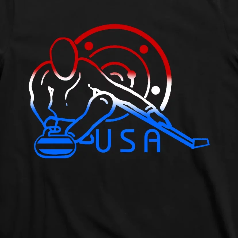 Red White And Blue Curling Flag Curling Stone Usa Art Gift T-Shirt