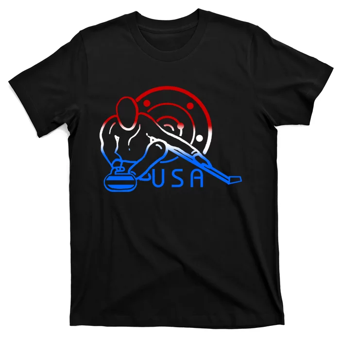 Red White And Blue Curling Flag Curling Stone Usa Art Gift T-Shirt