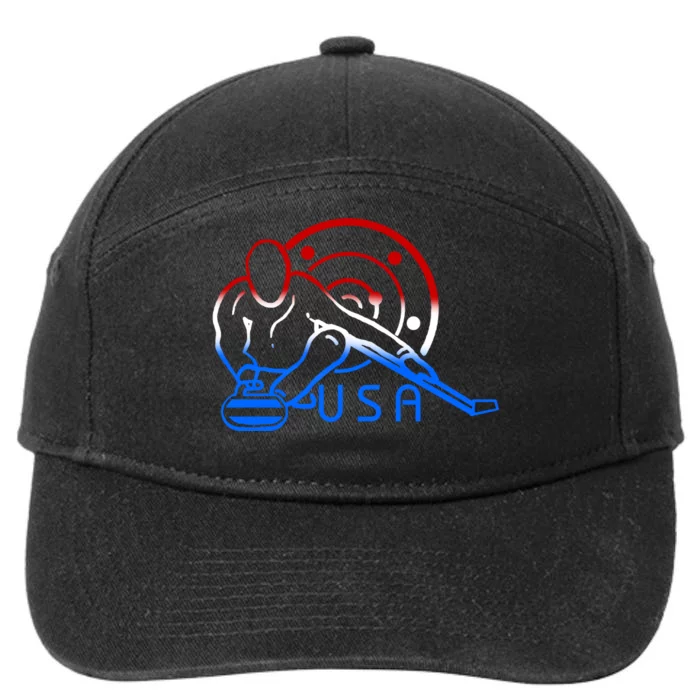 Red White And Blue Curling Flag Curling Stone Usa Art Gift 7-Panel Snapback Hat