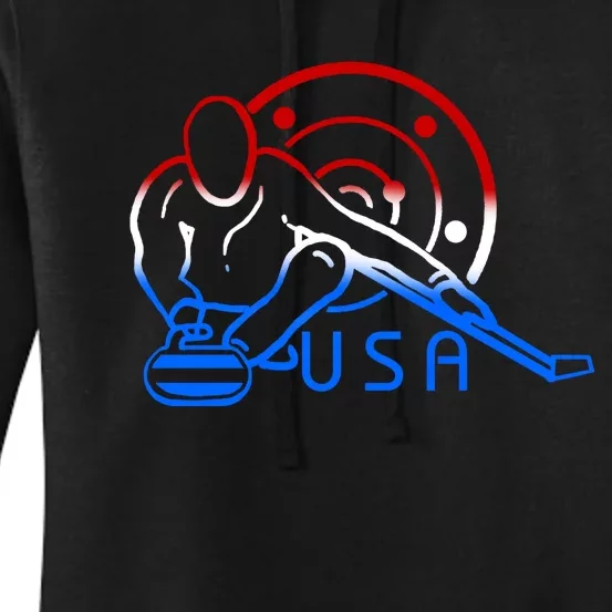 Red White And Blue Curling Flag Curling Stone Usa Art Gift Women's Pullover Hoodie