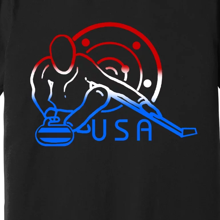 Red White And Blue Curling Flag Curling Stone Usa Art Gift Premium T-Shirt