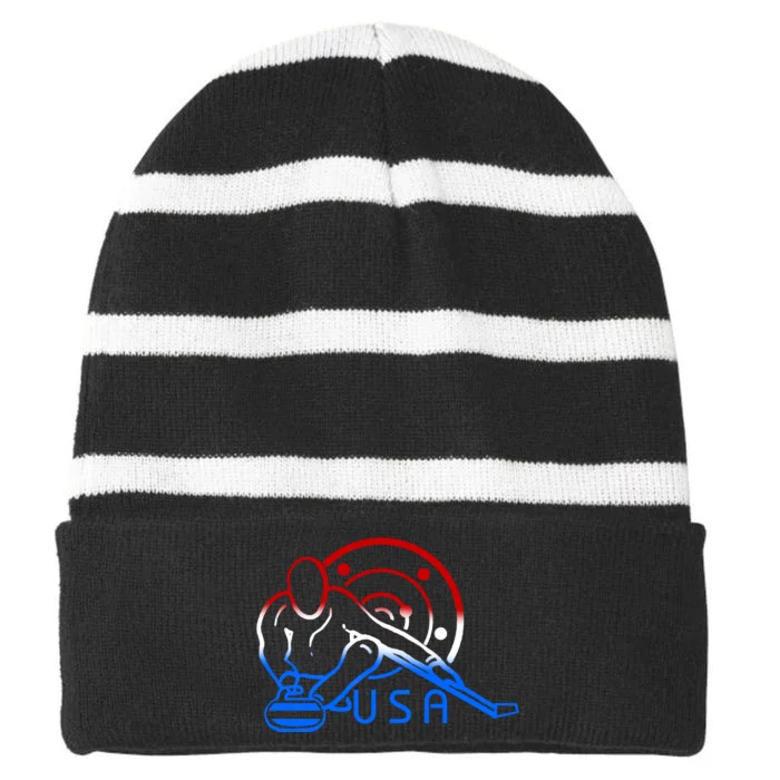 Red White And Blue Curling Flag Curling Stone Usa Art Gift Striped Beanie with Solid Band