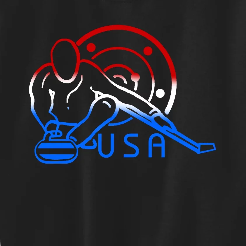 Red White And Blue Curling Flag Curling Stone Usa Art Gift Kids Sweatshirt