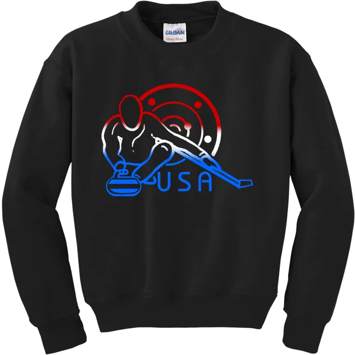 Red White And Blue Curling Flag Curling Stone Usa Art Gift Kids Sweatshirt