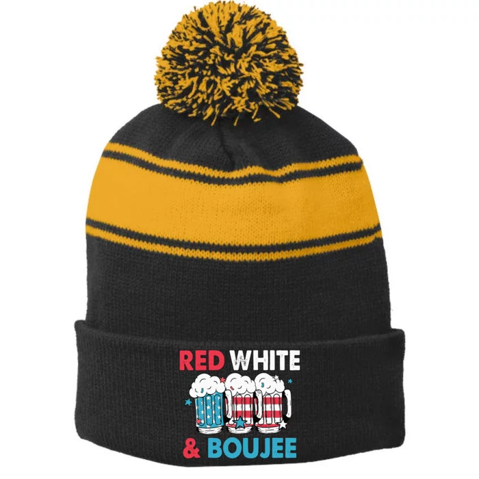 Red White And Boujee Retro 4th Of July Drinking Stripe Pom Pom Beanie