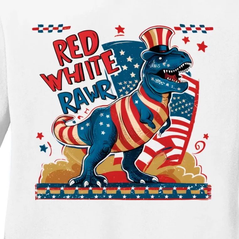 Red White And Rawr Patriotic Dinosaur Ladies Long Sleeve Shirt