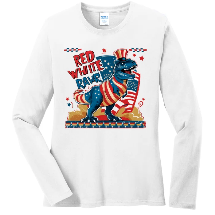 Red White And Rawr Patriotic Dinosaur Ladies Long Sleeve Shirt