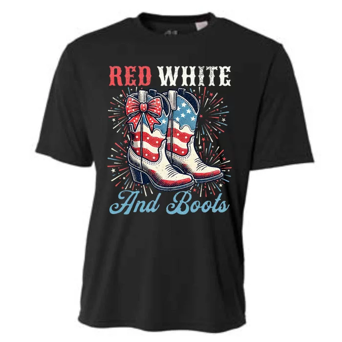 Red White And Boots Cute Coquette Cowgirl Independence Day Cooling Performance Crew T-Shirt